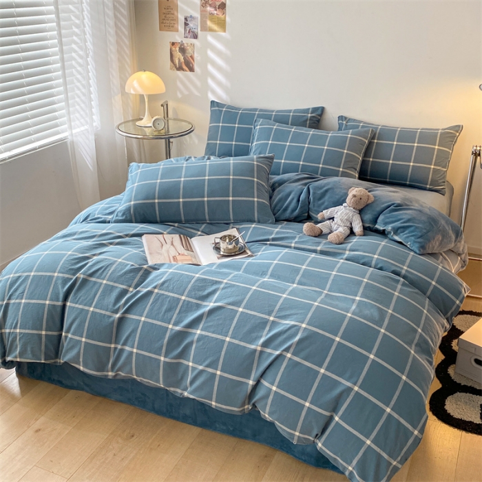 91家纺网 家纺一手货源 找家纺 蓝巢家纺 2022新款A面全棉B面牛奶绒四件套 牛奶绒-蓝灰大格