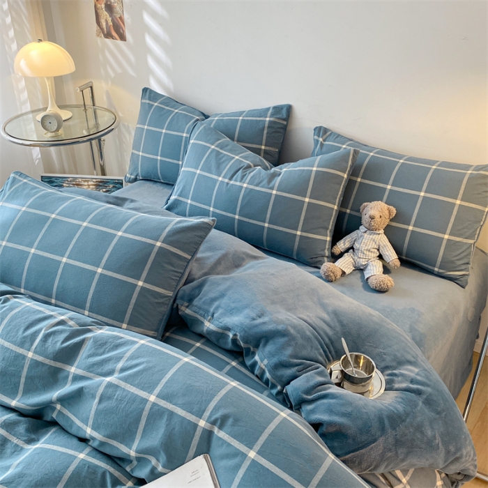 91家纺网 家纺一手货源 找家纺 蓝巢家纺 2022新款A面全棉B面牛奶绒四件套 牛奶绒-蓝灰大格