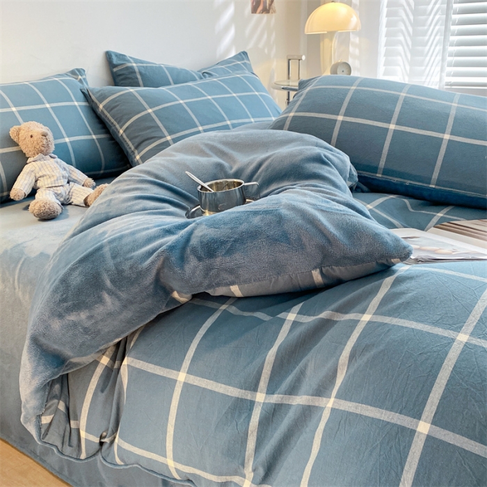 91家纺网 家纺一手货源 找家纺 蓝巢家纺 2022新款A面全棉B面牛奶绒四件套 牛奶绒-蓝灰大格