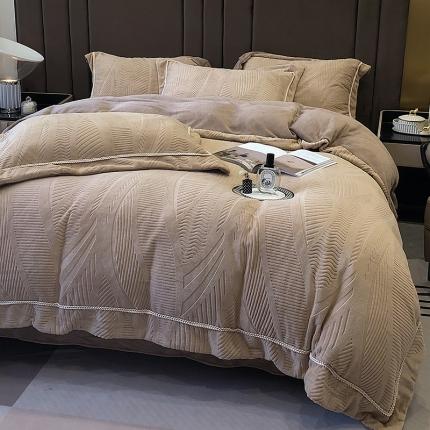 91家纺网 家纺一手货源 找家纺 宜代光年 新款260克全消光牛奶绒织带系列四件套 絮语-奶咖