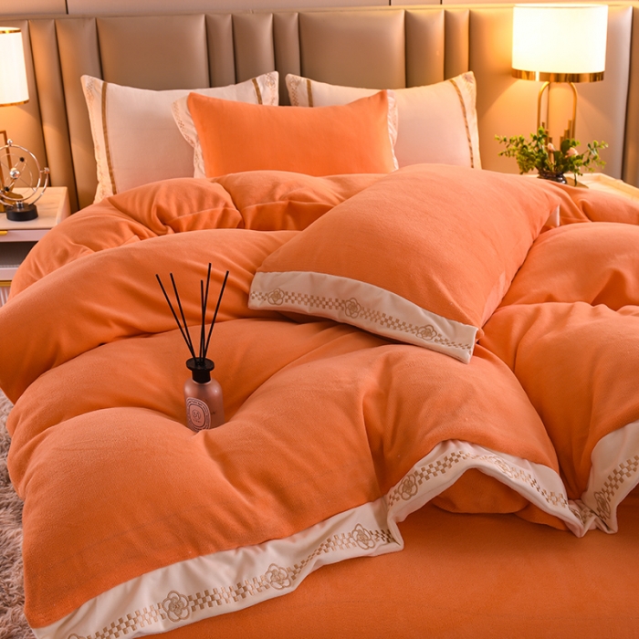 91家纺网 家纺一手货源 找家纺 绒世界 2024新款牛奶绒香斐系列四件套 爱马橙