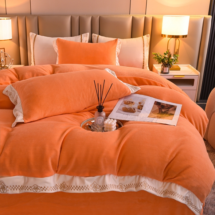 91家纺网 家纺一手货源 找家纺 绒世界 2024新款牛奶绒香斐系列四件套 爱马橙