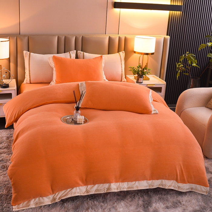 91家纺网 家纺一手货源 找家纺 绒世界 2024新款牛奶绒香斐系列四件套 爱马橙