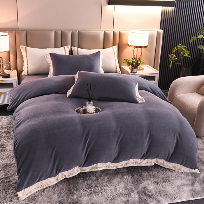 91家纺网 家纺一手货源 找家纺 绒世界 2024新款牛奶绒香斐系列四件套 气质灰