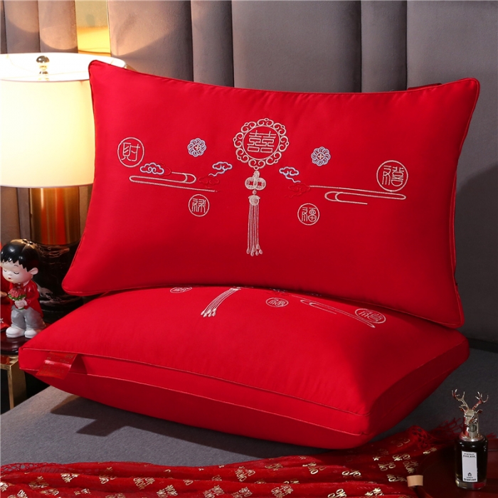 91家纺网 家纺一手货源 找家纺 天意美枕芯 2022新款全棉刺绣大红婚庆立体花式枕芯枕头 天赐良缘