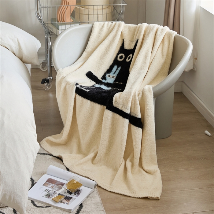91家纺网 家纺一手货源 找家纺 暖绵绵 新款半边绒毛毯-弯月猫系列 弯月猫-黑猫