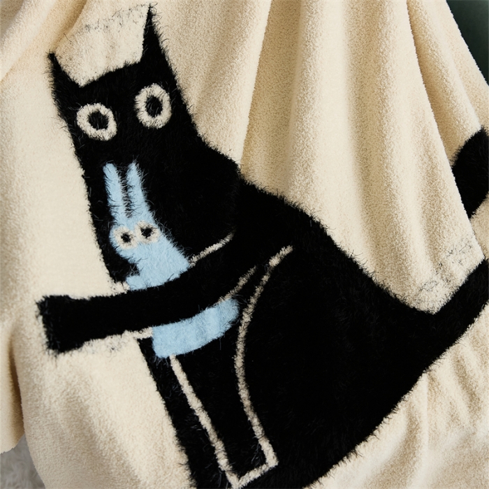 91家纺网 家纺一手货源 找家纺 暖绵绵 新款半边绒毛毯-弯月猫系列 弯月猫-黑猫