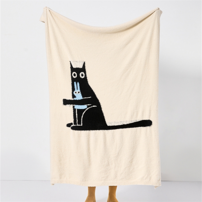 91家纺网 家纺一手货源 找家纺 暖绵绵 新款半边绒毛毯-弯月猫系列 弯月猫-黑猫