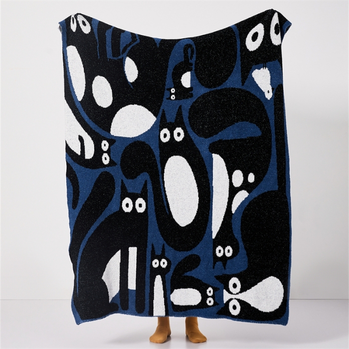 91家纺网 家纺一手货源 找家纺 暖绵绵 新款半边绒毛毯-弯月猫系列 弯月猫-惊呆猫