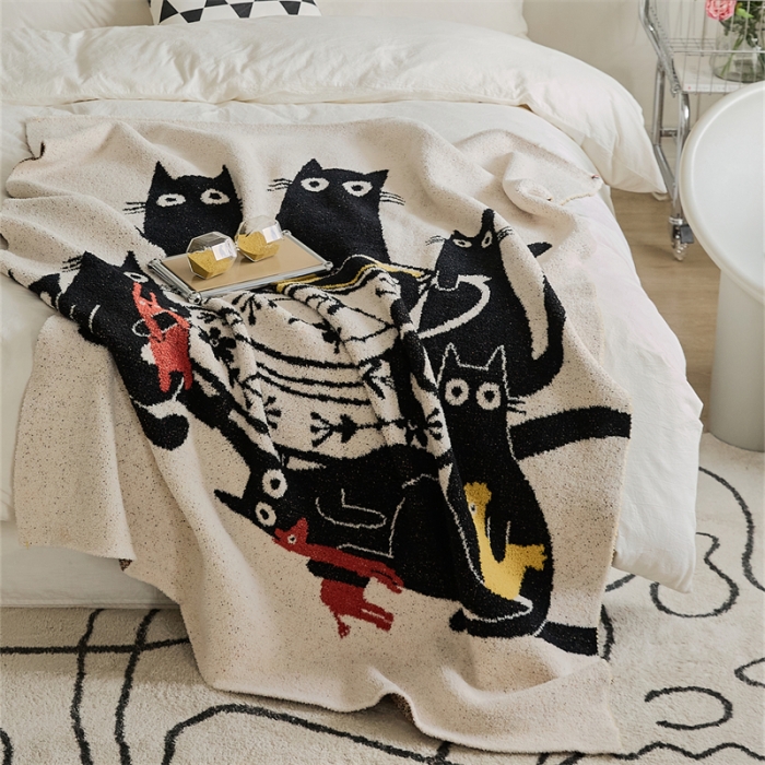 91家纺网 家纺一手货源 找家纺 暖绵绵 新款半边绒毛毯-弯月猫系列 弯月猫-猫的茶聚会