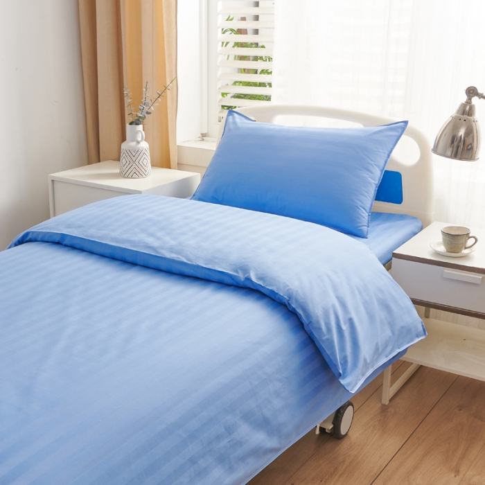 91家纺网 家纺一手货源 找家纺 啊雅 2025耐氯漂涤棉医护床上用品医院三件套 缎条蓝色