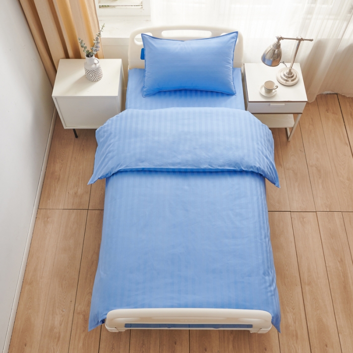 91家纺网 家纺一手货源 找家纺 啊雅 2025耐氯漂涤棉医护床上用品医院三件套 缎条蓝色