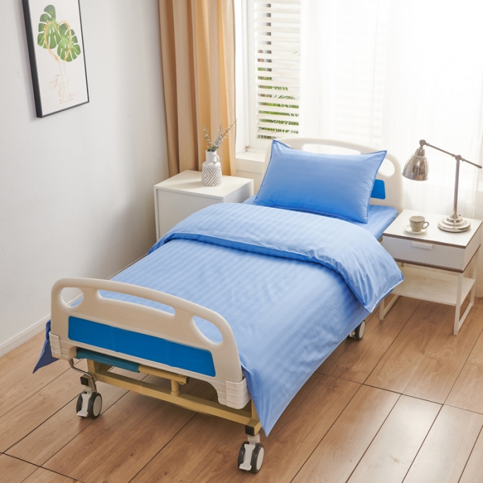 91家纺网 家纺一手货源 找家纺 啊雅 2025耐氯漂涤棉医护床上用品医院三件套 缎条蓝色