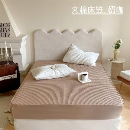 91家纺网 家纺一手货源 找家纺 三味舒屋 2024新款全棉夹棉条纹床笠 奶咖