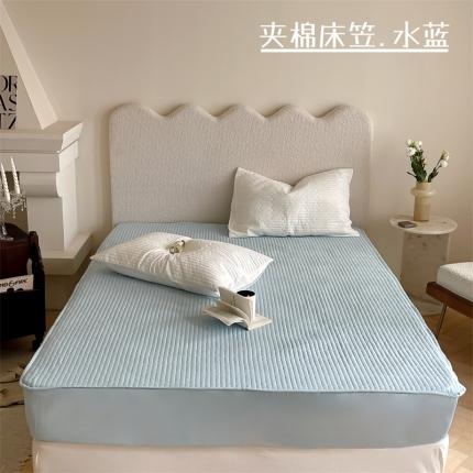 91家纺网 家纺一手货源 找家纺 三味舒屋 2024新款全棉夹棉条纹床笠 水蓝