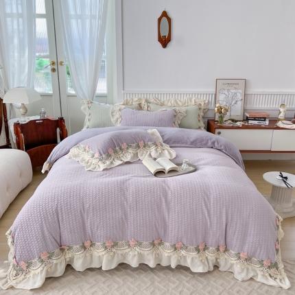 玛奇朵 高定蕾丝边全消光云芙暖绒四件套-唯 一（场景1） 唯一（紫)