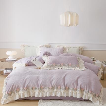 91家纺网 家纺一手货源 找家纺 玛奇朵 高定蕾丝边全消光云芙暖绒四件套-唯 一（场景2） 唯一（紫）