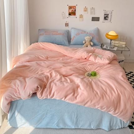 91家纺网 家纺一手货源 找家纺 山茶家纺2022新款牛奶绒系列四件套 遇见 遇见-粉蓝