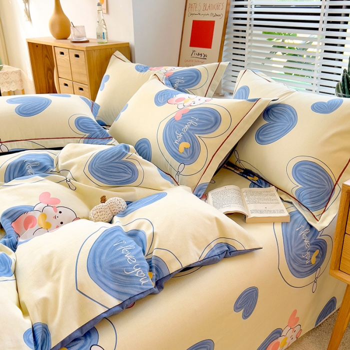 91家纺网 家纺一手货源 找家纺 芃成 2022新款全棉磨毛四件套 爱心兔兔