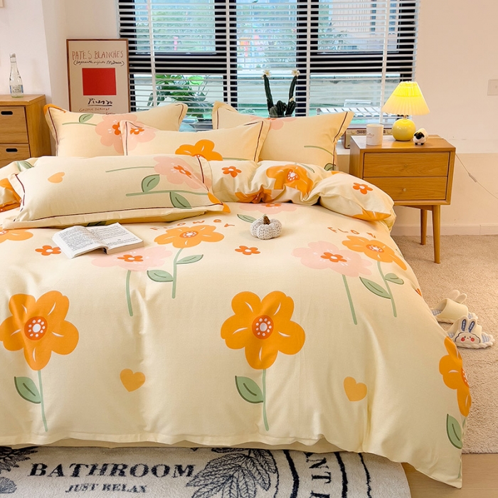 91家纺网 家纺一手货源 找家纺 芃成 2022新款全棉磨毛四件套 爱在花海 桔