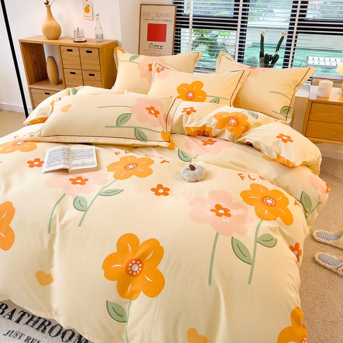 91家纺网 家纺一手货源 找家纺 芃成 2022新款全棉磨毛四件套 爱在花海 桔