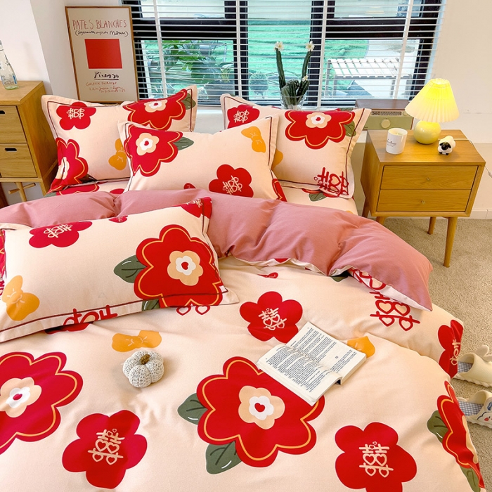 91家纺网 家纺一手货源 找家纺 芃成 2022新款全棉磨毛四件套 红双喜