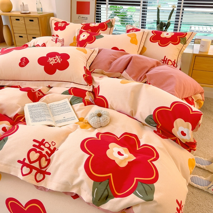 91家纺网 家纺一手货源 找家纺 芃成 2022新款全棉磨毛四件套 红双喜