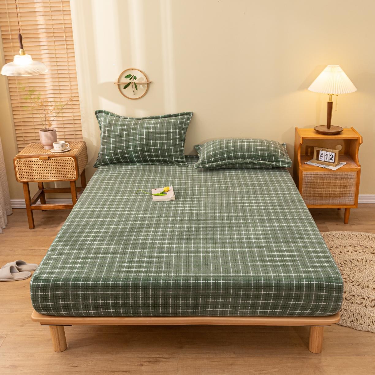 91家纺网 家纺一手货源 找家纺 春寻家纺 2022新款加厚牛奶绒床笠 草绿格