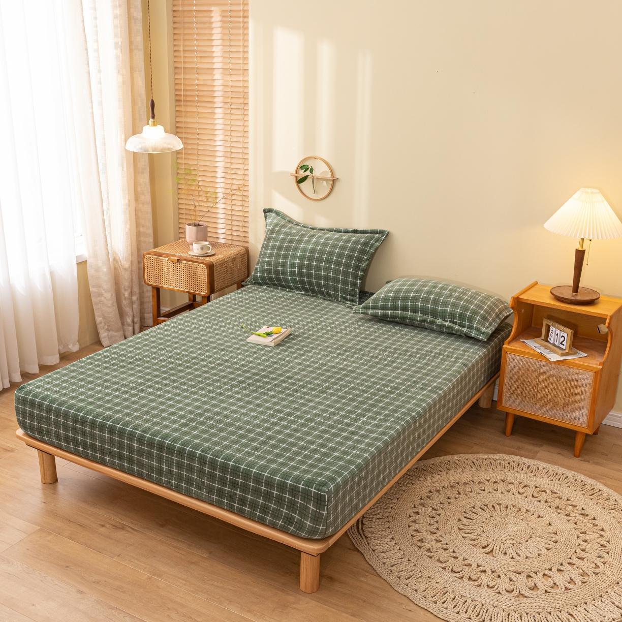 91家纺网 家纺一手货源 找家纺 春寻家纺 2022新款加厚牛奶绒床笠 草绿格