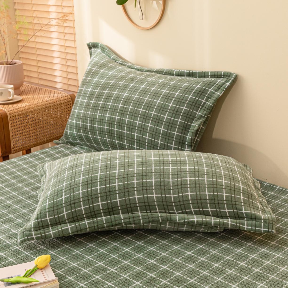 91家纺网 家纺一手货源 找家纺 春寻家纺 2022新款加厚牛奶绒床笠 草绿格