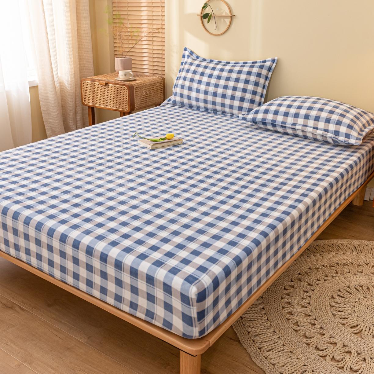 91家纺网 家纺一手货源 找家纺 春寻家纺 2022新款加厚牛奶绒床笠 蓝白格