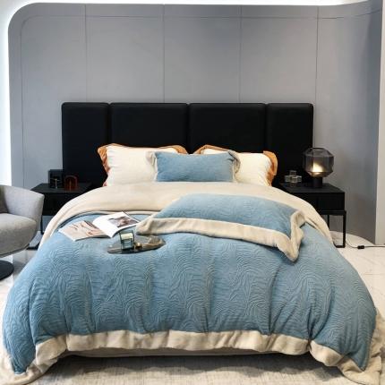 91家纺网 家纺一手货源 找家纺 太古汇 2022新款雕花牛奶绒斑马纹双拼系列四件套 斑马纹-蓝