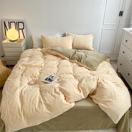 91家纺网 家纺一手货源 找家纺 （床笠不退换）牛奶绒立体雕花简约撞色四件套-约克系列 雕花-约克黄