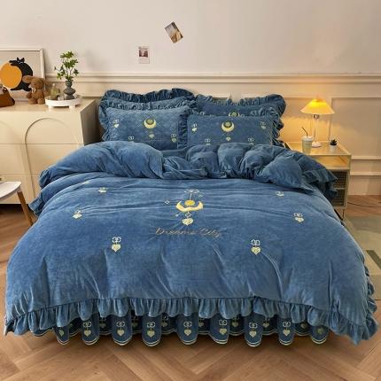 宜凡家纺 2022新款A类婴儿绒床裙星悦系列四件套 星悦-藏蓝