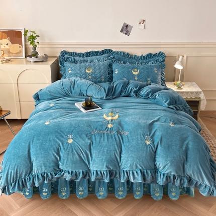 宜凡家纺 2022新款A类婴儿绒床裙星悦系列四件套 星悦-海盐蓝