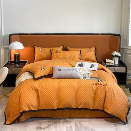 91家纺网 家纺一手货源 找家纺 金麦 新款肌理纹加厚磨毛刺绣棋盘格四件套—赫本系列 橙