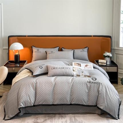 91家纺网 家纺一手货源 找家纺 金麦 新款肌理纹加厚磨毛刺绣棋盘格四件套—赫本系列 灰