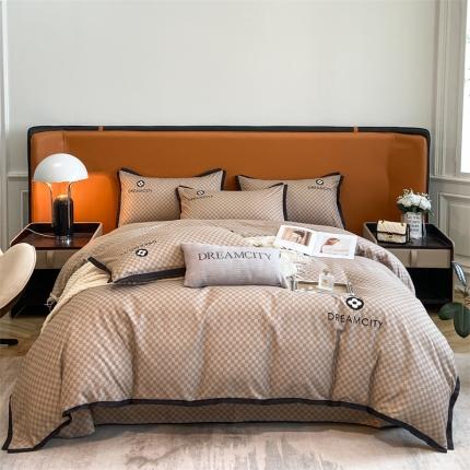 91家纺网 家纺一手货源 找家纺 金麦 新款肌理纹加厚磨毛刺绣棋盘格四件套—赫本系列 咖