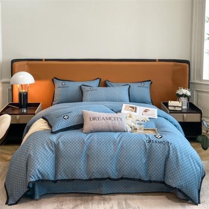 91家纺网 家纺一手货源 找家纺 （总）金麦 新款肌理纹加厚磨毛刺绣棋盘格四件套—赫本系列