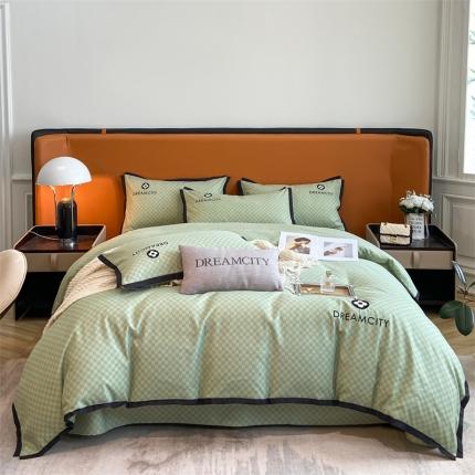 91家纺网 家纺一手货源 找家纺 金麦 新款肌理纹加厚磨毛刺绣棋盘格四件套—赫本系列 绿