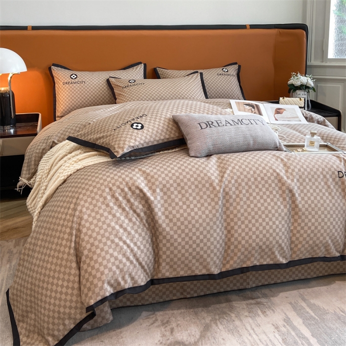 91家纺网 家纺一手货源 找家纺 金麦 新款肌理纹加厚磨毛刺绣棋盘格四件套—赫本系列 咖