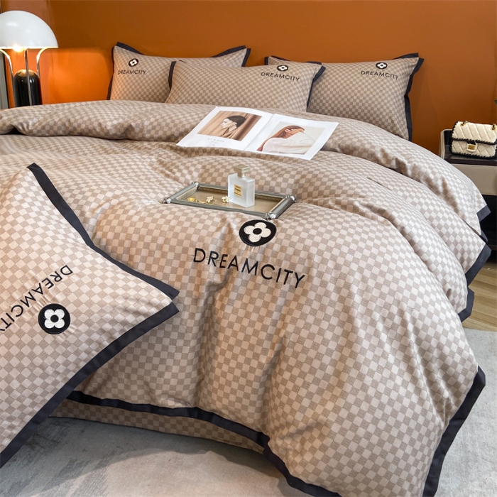 91家纺网 家纺一手货源 找家纺 金麦 新款肌理纹加厚磨毛刺绣棋盘格四件套—赫本系列 咖