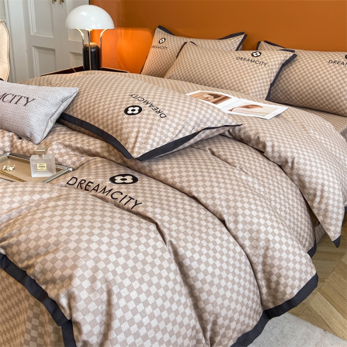 91家纺网 家纺一手货源 找家纺 金麦 新款肌理纹加厚磨毛刺绣棋盘格四件套—赫本系列 咖