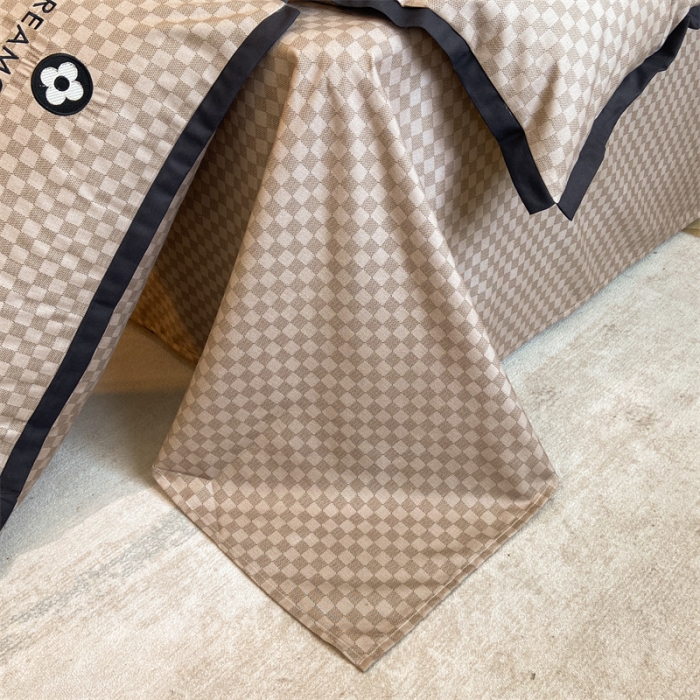 91家纺网 家纺一手货源 找家纺 金麦 新款肌理纹加厚磨毛刺绣棋盘格四件套—赫本系列 咖