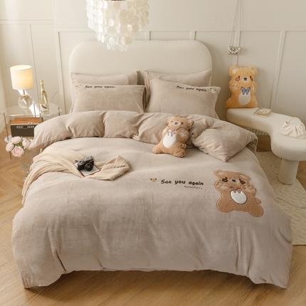 91家纺网 家纺一手货源 找家纺 2024新卡通小熊贴布绣牛奶珊瑚绒床上四件套法兰绒床单被套