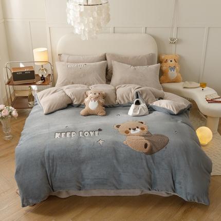 铭动 2023新款卡通小熊牛奶绒四件套 爱心熊-灰