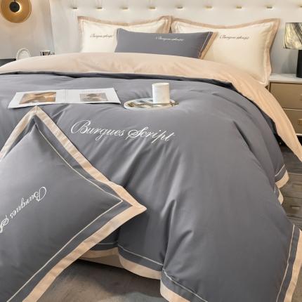 91家纺网 家纺一手货源 找家纺 金麦 新款高支高密全棉加厚磨毛刺绣四件套—洛克系列 洛可-高级灰