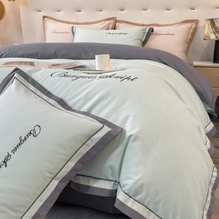 91家纺网 家纺一手货源 找家纺 金麦 新款高支高密全棉加厚磨毛刺绣四件套—洛克系列 洛可-水绿