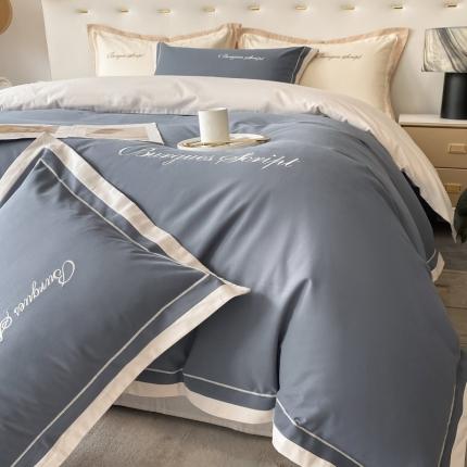 91家纺网 家纺一手货源 找家纺 金麦 新款高支高密全棉加厚磨毛刺绣四件套—洛克系列 洛可-雾霾蓝