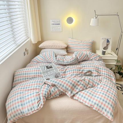 怡家居2022新款高克重牛奶绒千鸟格纯色混搭四件套 千鸟格粉
